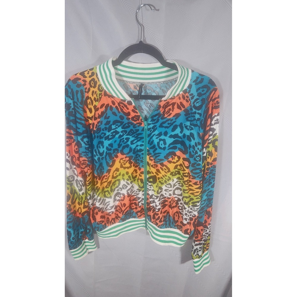 Goodtime USA Womens Rainbow Leopard Print Bomber Jacket Vintage Style Zip Up Top